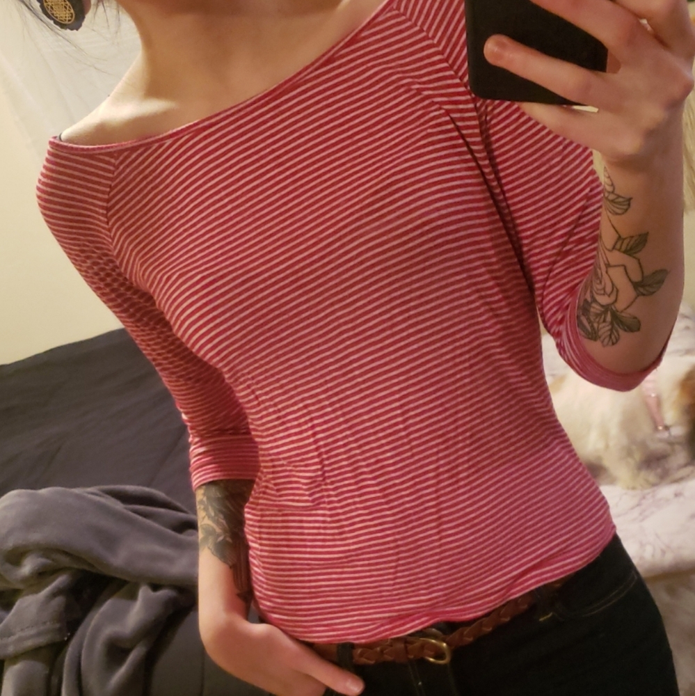 Red striped mid length sleeve Crop Top